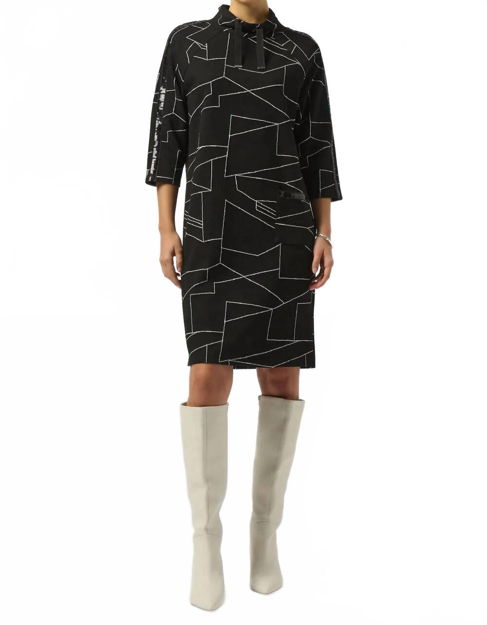 NEW JOSEPH RIBKOFF abstract print 3/4 sleeve turtle neck straight dress in black